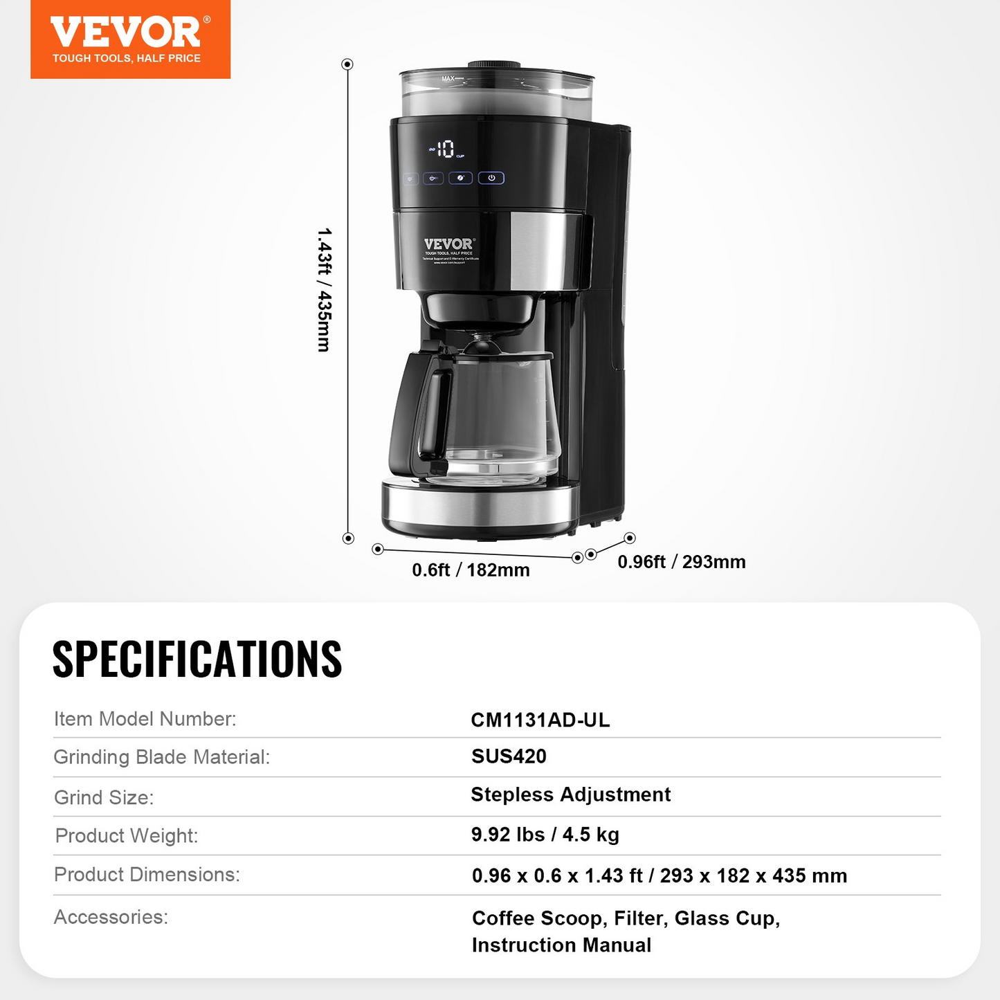 VEVOR 10-Cup Drip Coffee Maker with Stepless Grinding & Adjustable Brew Strength - Perfect for Fresh, Customizable Coffee