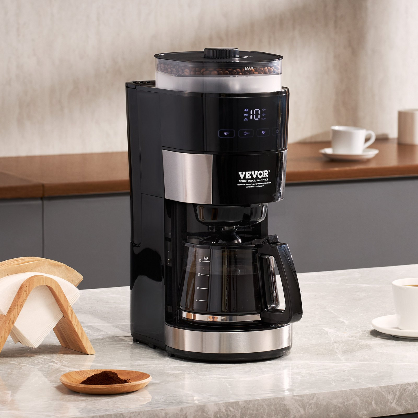 VEVOR 10-Cup Drip Coffee Maker with Stepless Grinding & Adjustable Brew Strength - Perfect for Fresh, Customizable Coffee