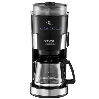 VEVOR 10-Cup Drip Coffee Maker with Stepless Grinding & Adjustable Brew Strength - Perfect for Fresh, Customizable Coffee