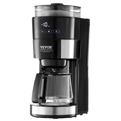 VEVOR 10-Cup Drip Coffee Maker with Stepless Grinding & Adjustable Brew Strength - Perfect for Fresh, Customizable Coffee