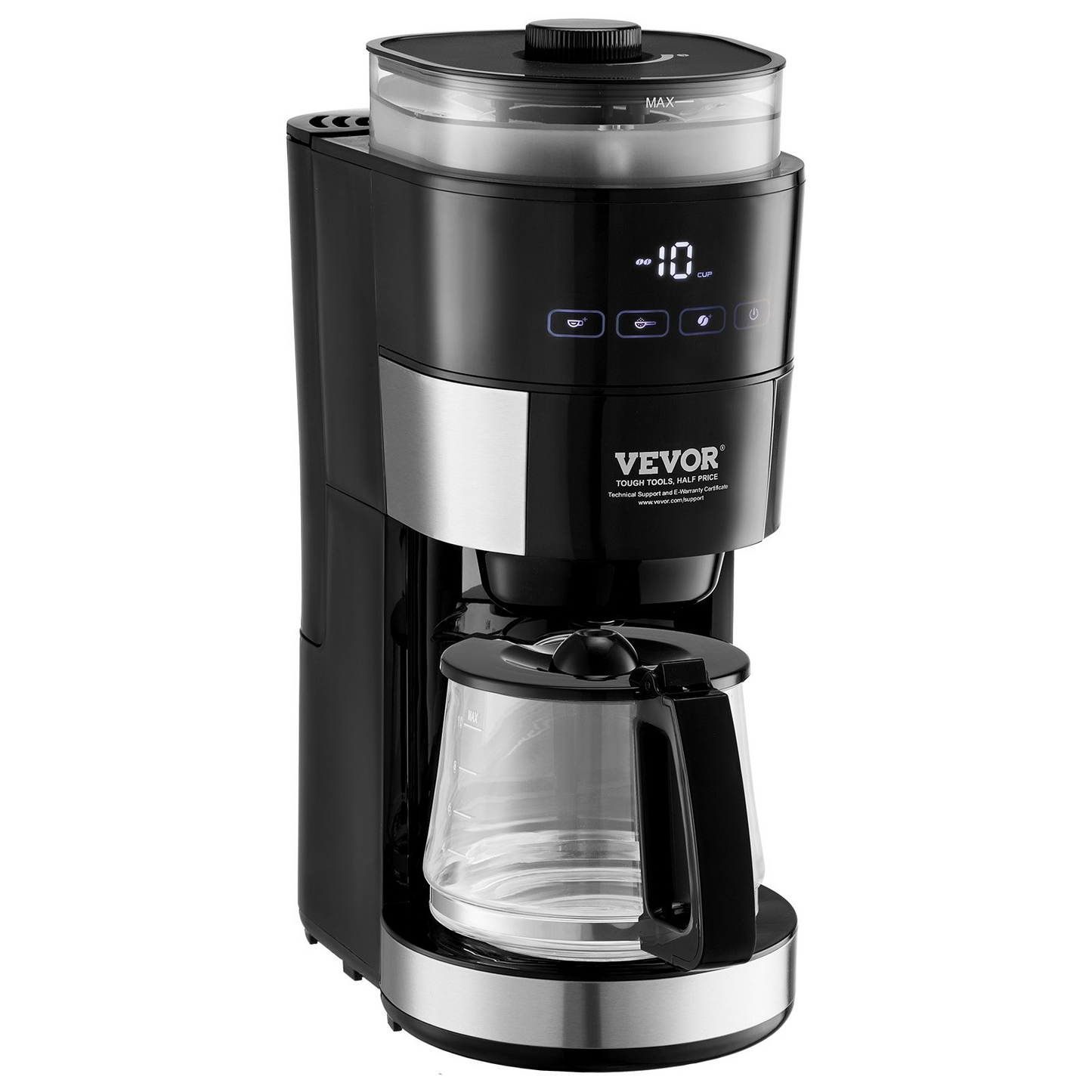 VEVOR 10-Cup Drip Coffee Maker with Stepless Grinding & Adjustable Brew Strength - Perfect for Fresh, Customizable Coffee