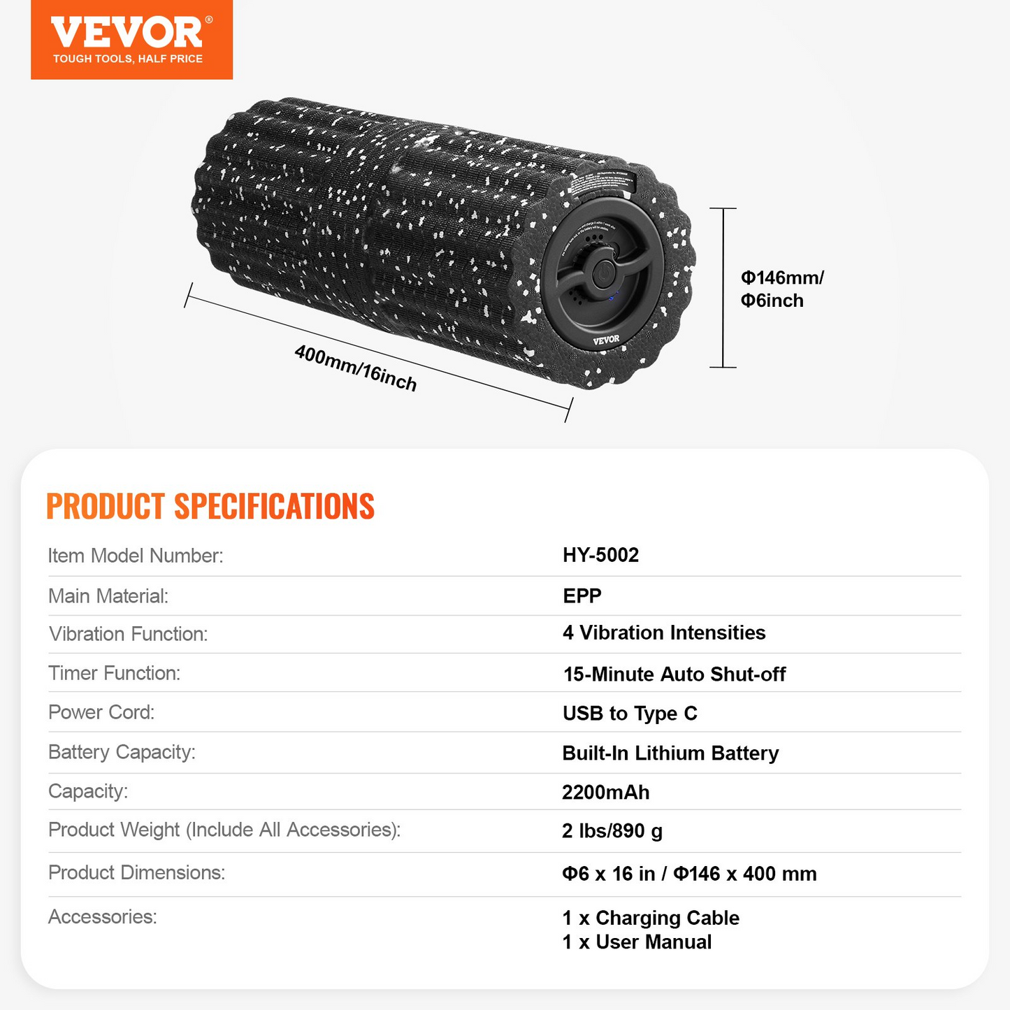 VEVOR Rechargeable Vibrating Foam Roller - 4 Intensity Levels for Deep Tissue Therapy & Enhanced Muscle Recovery