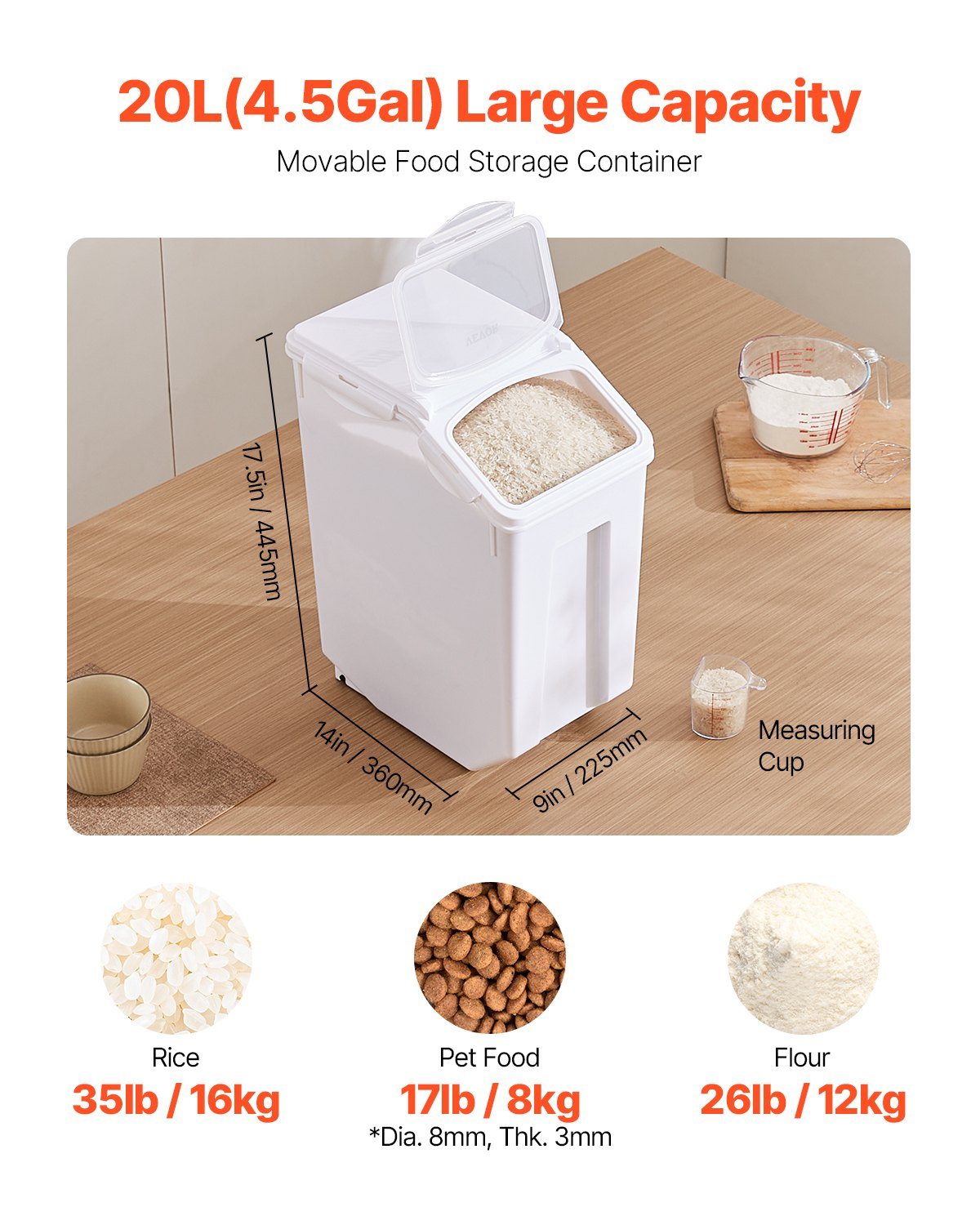 4.5Gal/20L Airtight Ingredient Storage Container – Damp-Proof Design, Large Kitchen Flour Bin for Freshness