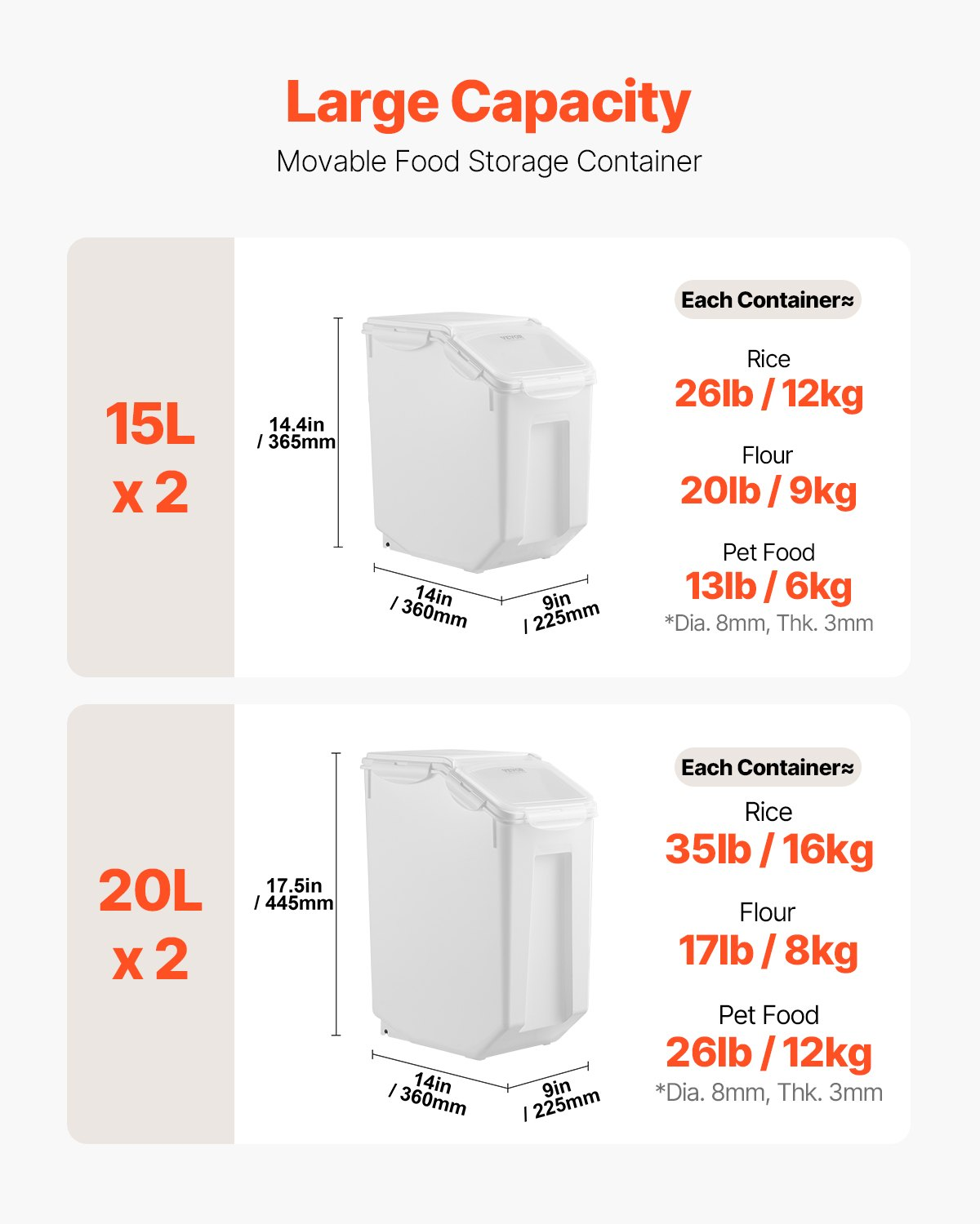 Airtight Kitchen Bin Set: 3.5Gal & 4.5Gal Ingredient Storage Containers - Large Capacity, Damp-Proof, Easy-to-Clean PP Material, Ultimate Pantry Organization