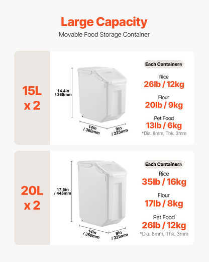 Airtight Kitchen Bin Set: 3.5Gal & 4.5Gal Ingredient Storage Containers - Large Capacity, Damp-Proof, Easy-to-Clean PP Material, Ultimate Pantry Organization