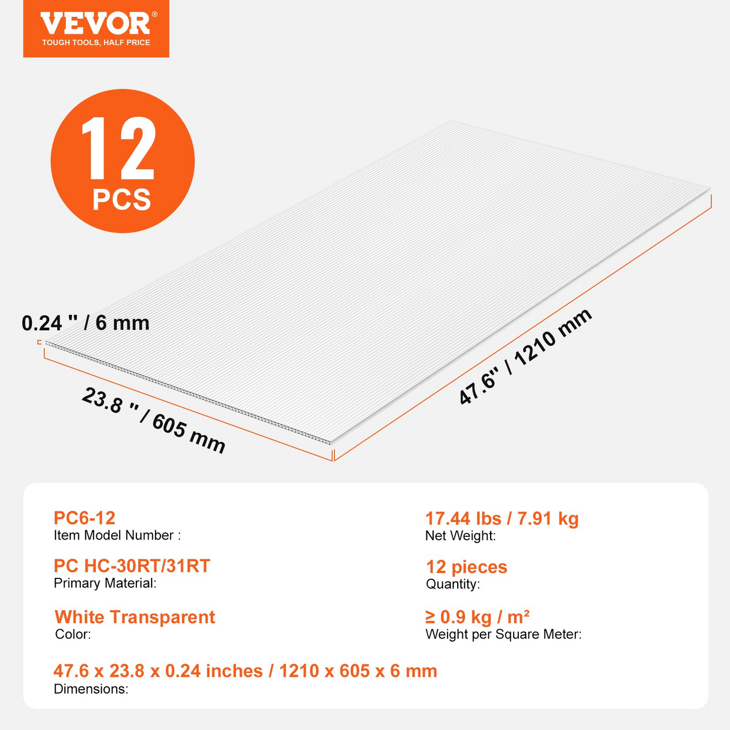 12 Pack 2' x 4' Clear Polycarbonate Greenhouse Panels - UV Resistant, Durable & Lightweight for Year-Round Gardening