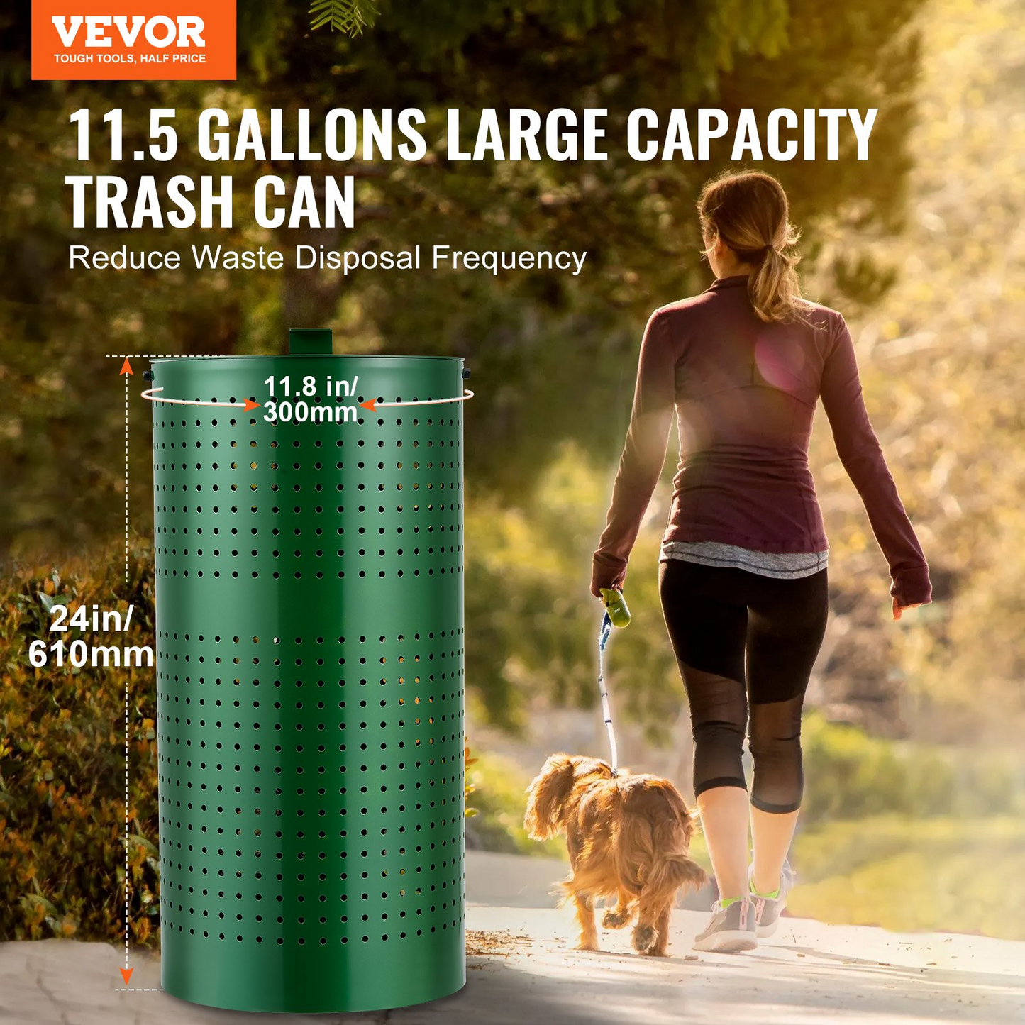 Dog Poop Trash Can - 11.5 Gal Weather-Resistant Dog Waste Bin with Lid, Galvanized Steel, Green