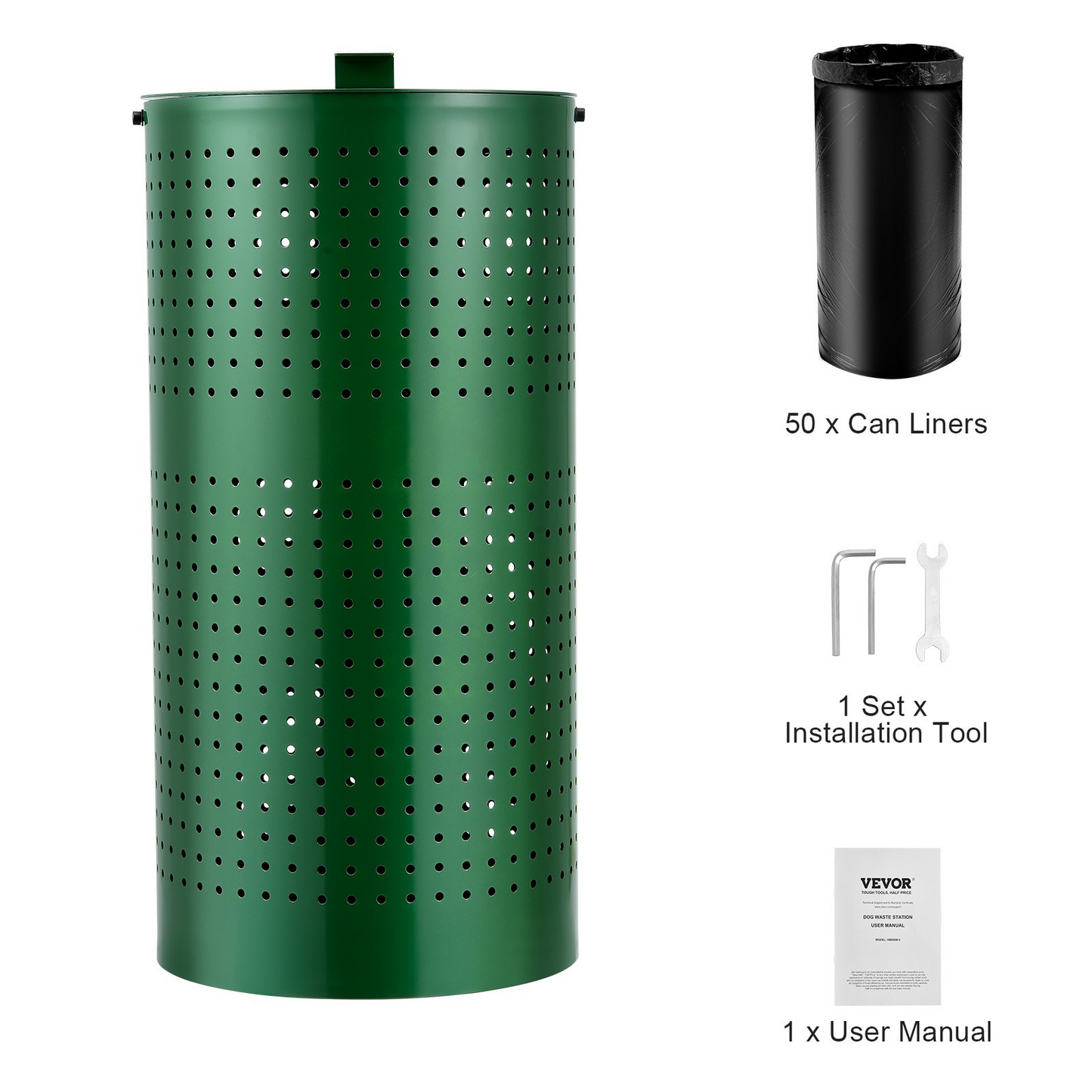 Dog Poop Trash Can - 11.5 Gal Weather-Resistant Dog Waste Bin with Lid, Galvanized Steel, Green