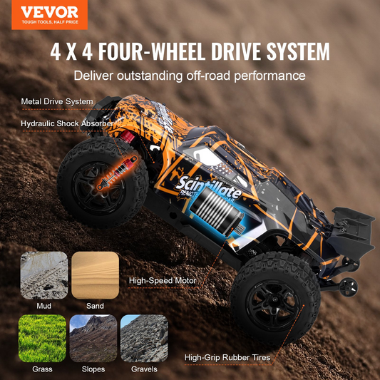 High-Speed 4WD 1:10 Scale Remote Control Car - All Terrain, Durable & Water-Resistant Off-Road Truck for Kids