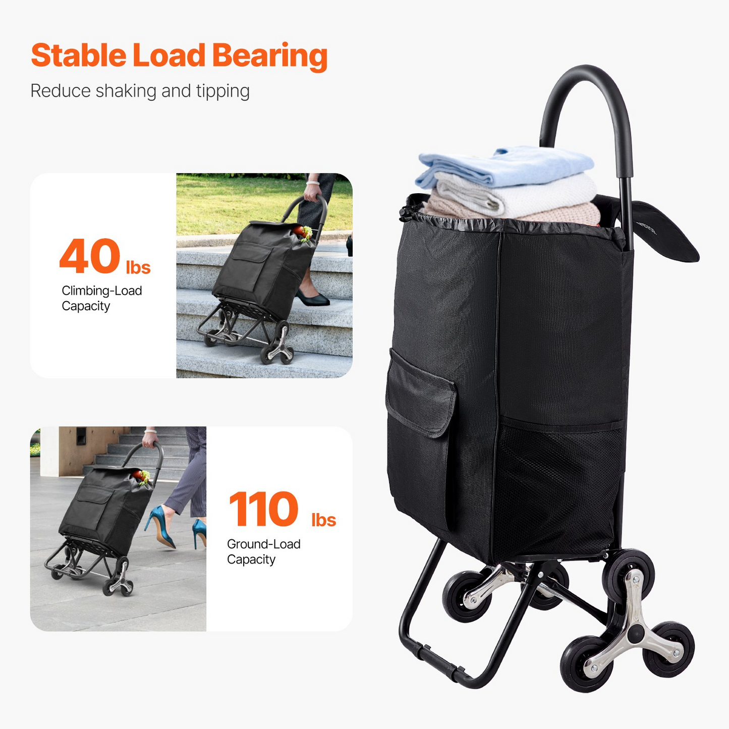 Stair Climbing Foldable Shopping Cart with 36L Storage Bag - 6-Wheel Design for Easy Transport and Storage