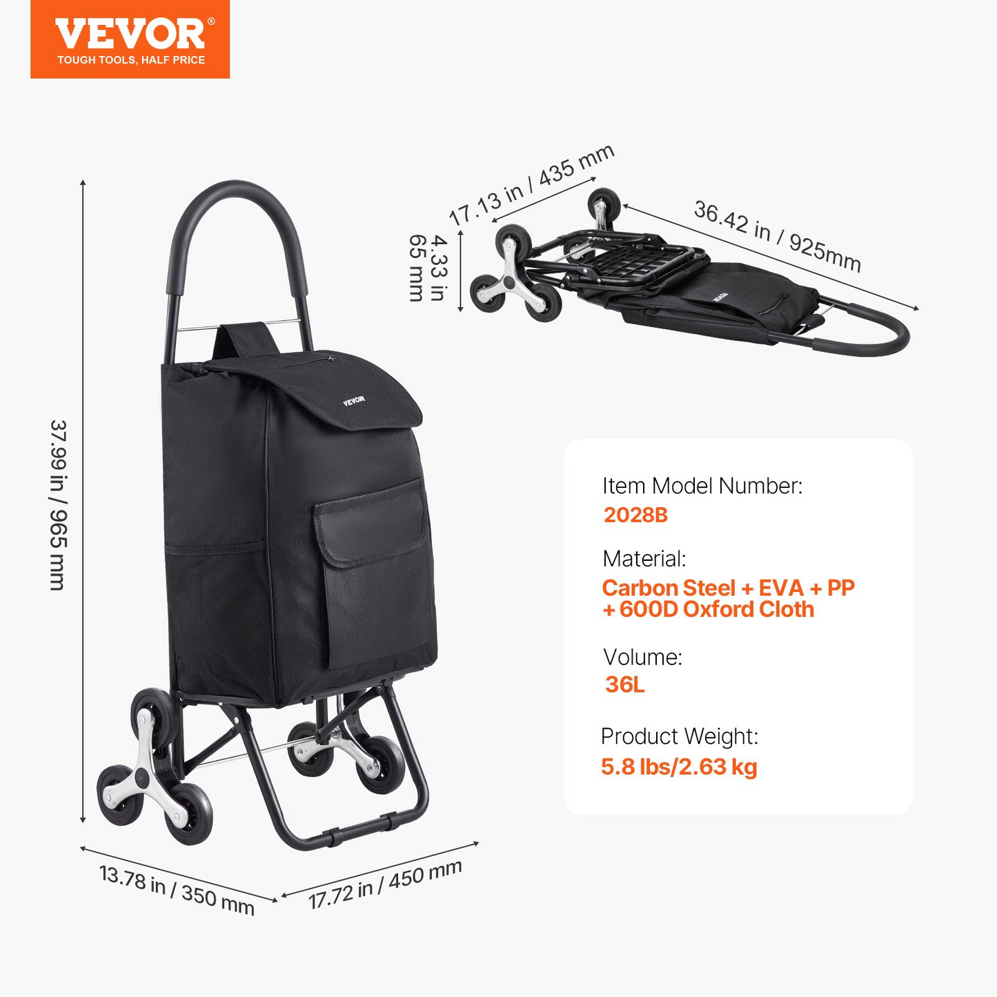 Stair Climbing Foldable Shopping Cart with 36L Storage Bag - 6-Wheel Design for Easy Transport and Storage