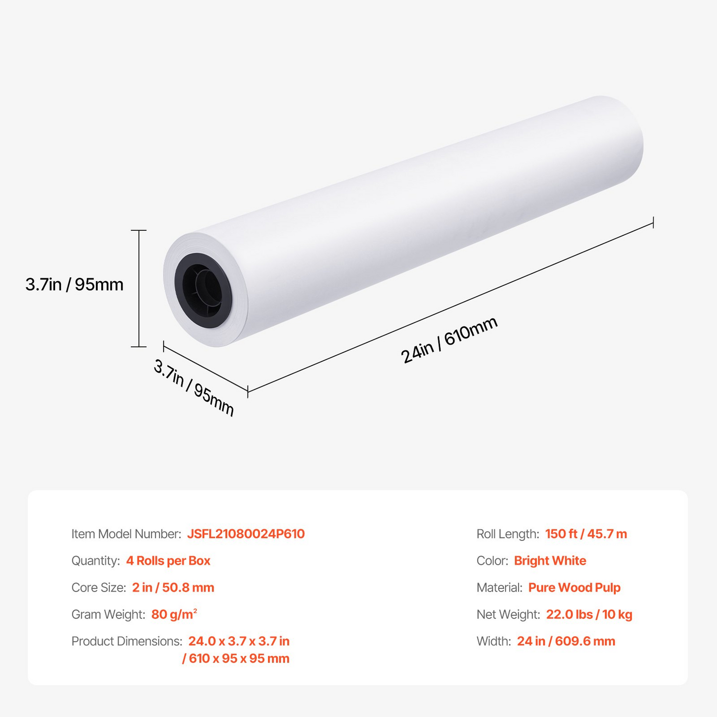 Premium Wide Format Plotter Paper - 4 Rolls, 24 in x 150 ft CAD Bond Rolls - High White, Smooth & Stable Printing