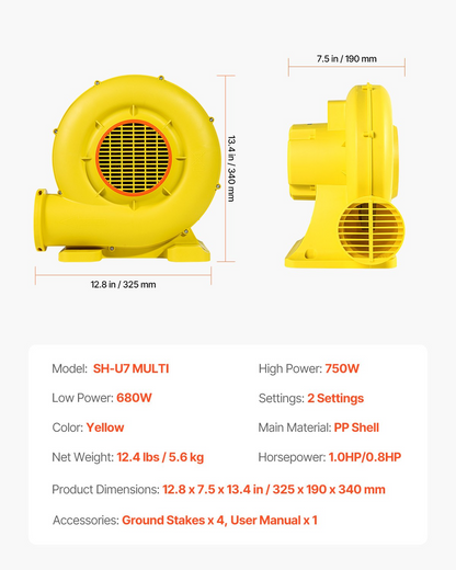 High-Power Inflatable Bounce House Blower - 750W 0.9&1HP - Quick Inflation & Durable Design for Commercial Use