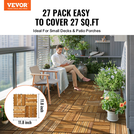 VEVOR 27-Pack Interlocking Deck Tiles, Premium Camphor Pine Wood, 12"x12" Tiles for Porch, Patio, Balcony, and Outdoor Spaces