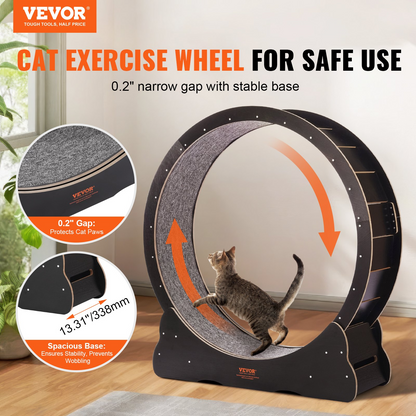 Interactive Cat Exercise Wheel - 43.3" Large Treadmill for Indoor Cats - Black, Quiet, Noise-Reduction Design, Multi-Purpose, Sturdy Wooden Build