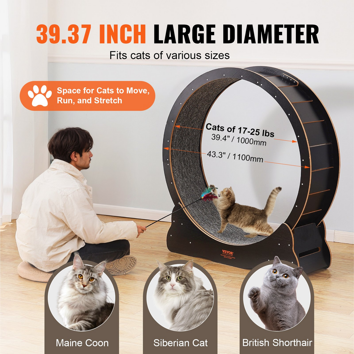 Interactive Cat Exercise Wheel - 43.3" Large Treadmill for Indoor Cats - Black, Quiet, Noise-Reduction Design, Multi-Purpose, Sturdy Wooden Build