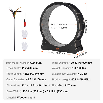 Interactive Cat Exercise Wheel - 43.3" Large Treadmill for Indoor Cats - Black, Quiet, Noise-Reduction Design, Multi-Purpose, Sturdy Wooden Build