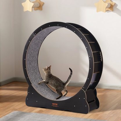 Interactive Cat Exercise Wheel - 43.3" Large Treadmill for Indoor Cats - Black, Quiet, Noise-Reduction Design, Multi-Purpose, Sturdy Wooden Build