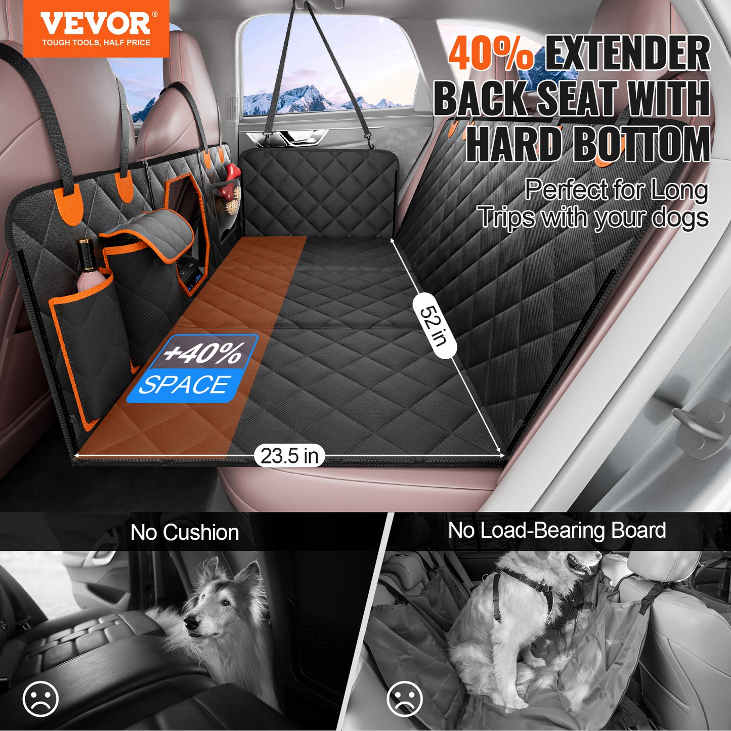 VEVOR Waterproof Dog Car Seat Cover - Durable 600D Oxford Cloth, Universal Fit for Back Seat, Pet Car Bed with Mesh Panels & Storage Pockets - 52 x 23.5 in