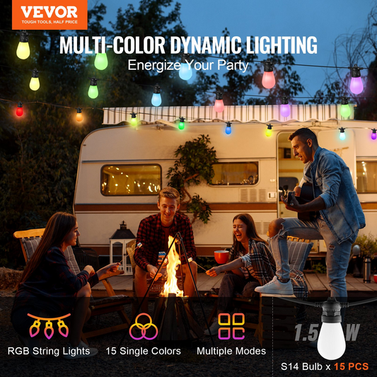 50FT RGB Outdoor String Lights - Waterproof Patio Lights with APP Control for Garden, Backyard, Party, and Holiday Decorations