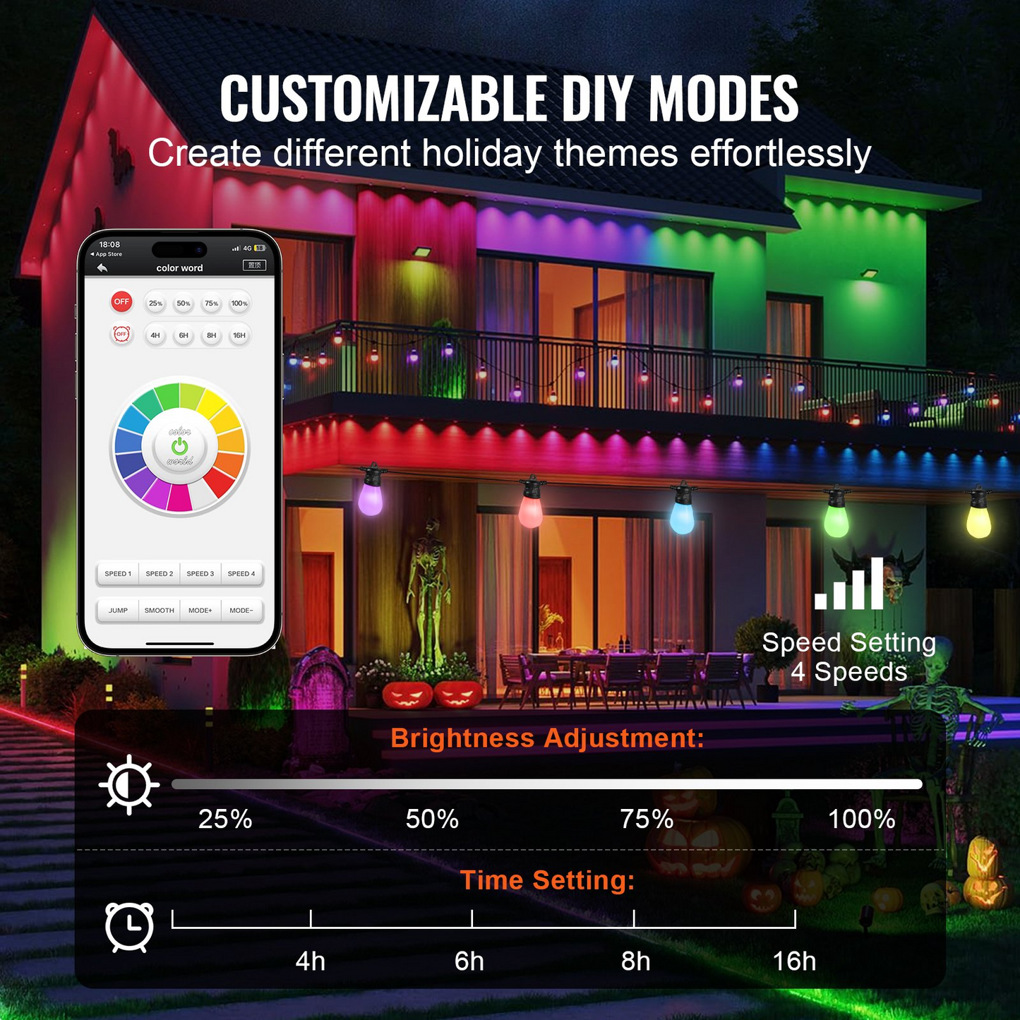 50FT RGB Outdoor String Lights - Waterproof Patio Lights with APP Control for Garden, Backyard, Party, and Holiday Decorations