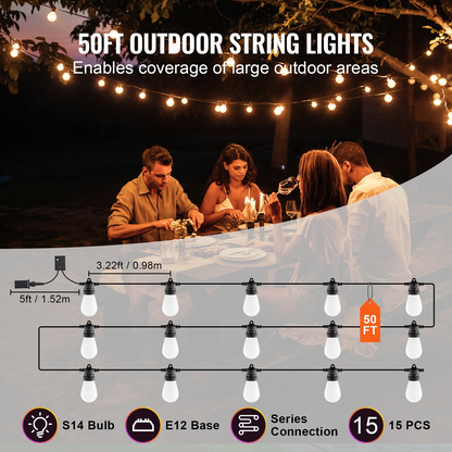 50FT RGB Outdoor String Lights - Waterproof Patio Lights with APP Control for Garden, Backyard, Party, and Holiday Decorations