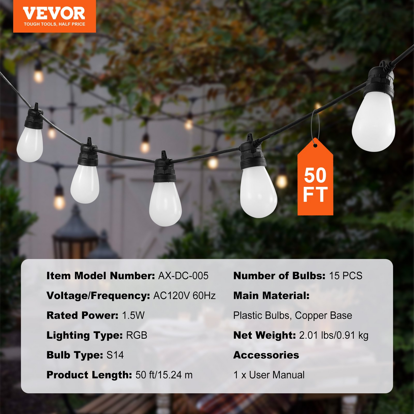 50FT RGB Outdoor String Lights - Waterproof Patio Lights with APP Control for Garden, Backyard, Party, and Holiday Decorations