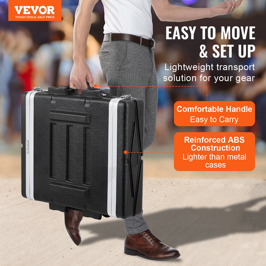 VEVOR 2U Rack Case - 19 in Depth, Durable ABS Construction, Easy Transport with Handle, Secure Locking, Detachable Panels