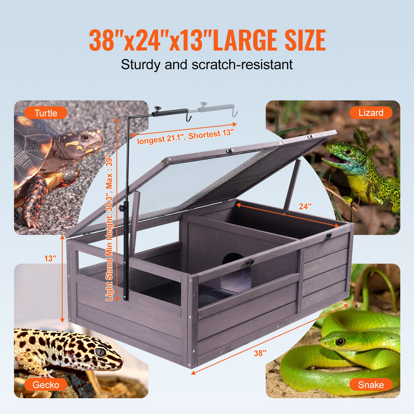 VEVOR Wooden Tortoise House – Spacious 2-Room Indoor & Outdoor Habitat, 38x24x13in, Cedar Wood, Adjustable Lamp Holder, Easy to Clean, Perfect for Reptiles & Small Mammals