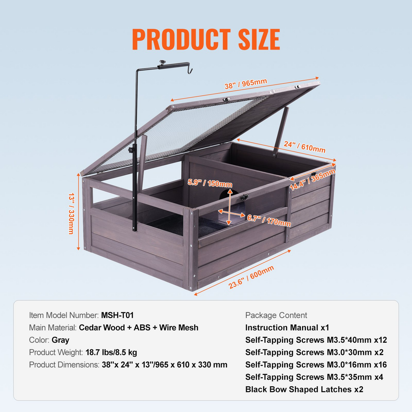 VEVOR Wooden Tortoise House – Spacious 2-Room Indoor & Outdoor Habitat, 38x24x13in, Cedar Wood, Adjustable Lamp Holder, Easy to Clean, Perfect for Reptiles & Small Mammals