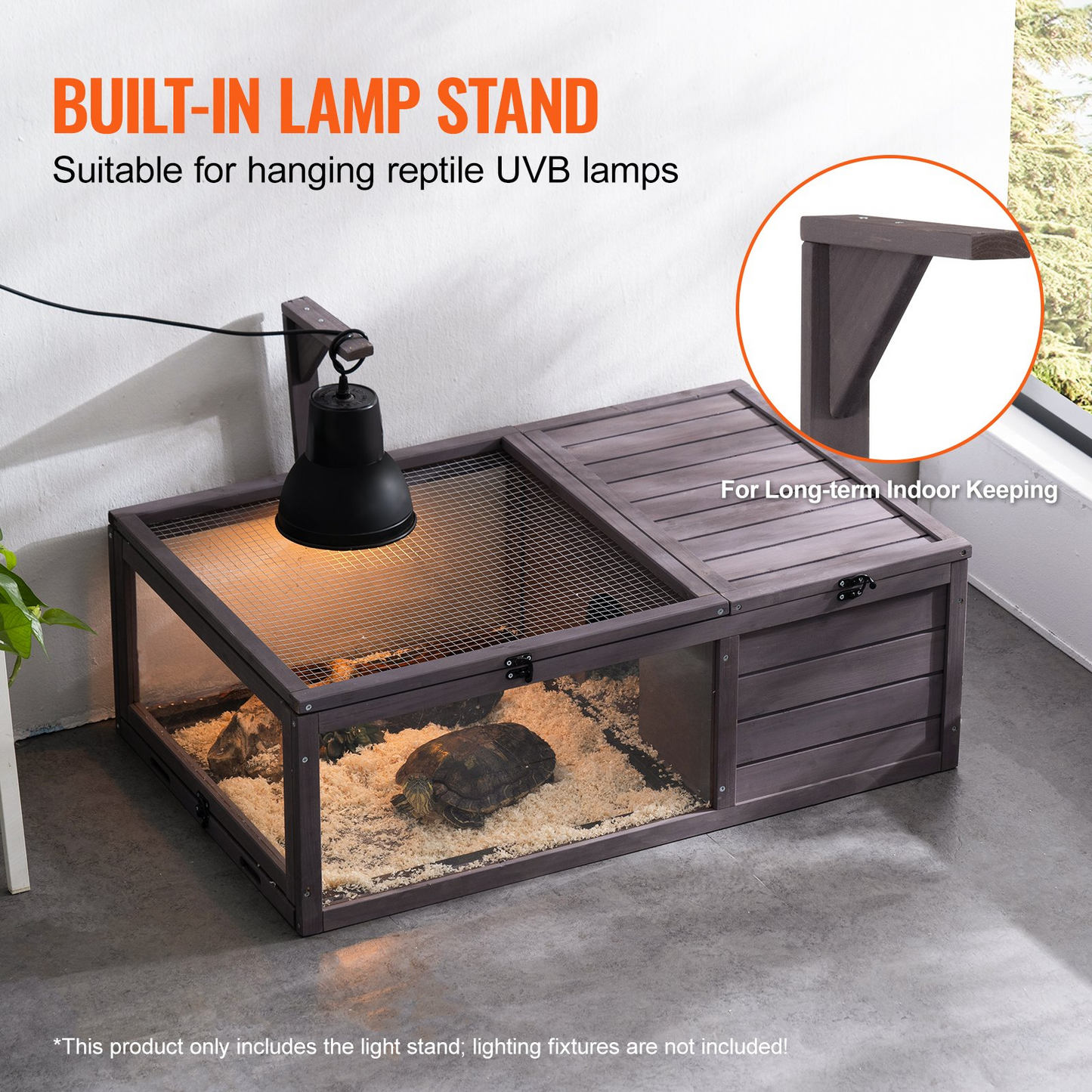 VEVOR Wooden Tortoise House 2-Room Habitat with Light Stand - Cedar Wood, Indoor & Outdoor Tortoise Enclosure, 38x24x13in