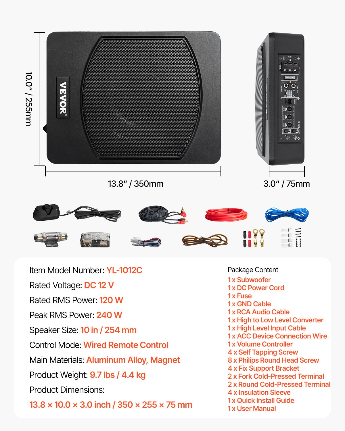 10" 240W Under Seat Car Subwoofer - Slim Powered Subwoofer System for Cars and Trucks