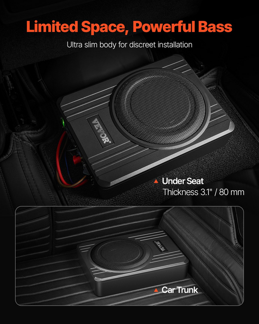 8" 400W Under Seat Car Subwoofer - Slim Powered Subwoofer for Car and Truck, Deep Bass, Easy Installation