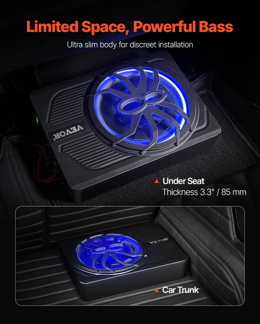 10" 440W Under Seat Car Subwoofer with Blue Ambient Light - Immersive Bass, Easy Installation