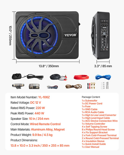 10" 440W Under Seat Car Subwoofer with Blue Ambient Light - Immersive Bass, Easy Installation