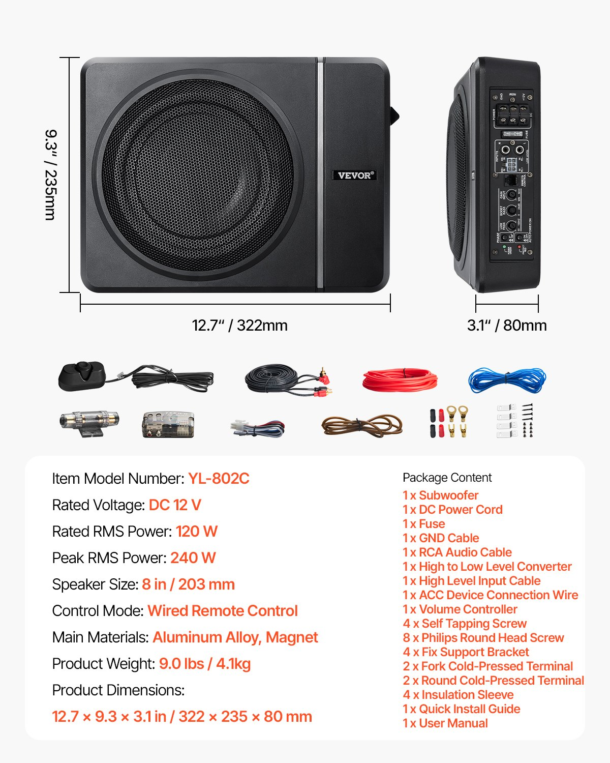 8" 240W Under Seat Car Subwoofer - Slim Powered Subwoofer System for Cars and Trucks, Deep Bass, Easy Install