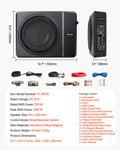 8" 240W Under Seat Car Subwoofer - Slim Powered Subwoofer System for Cars and Trucks, Deep Bass, Easy Install