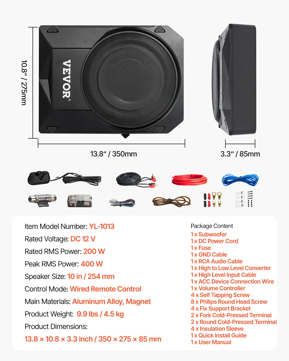 10" 400W Slim Under Seat Car Subwoofer | Powered Subwoofer System for Car/Truck | Immersive Bass & Easy Installation