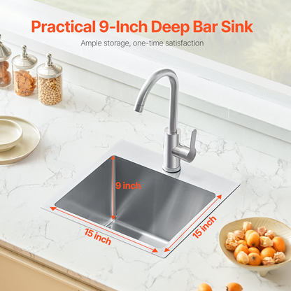 15" Top Mount Stainless Steel Kitchen Sink - Single Bowl Drop-In Basin for Bar & Kitchen - Soundproof, Anti-Condensation, Easy Installation & Maintenance