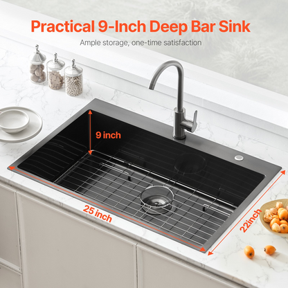 25" Top Mount Black Stainless Steel Kitchen Sink - Single Bowl, Drop-In Basin