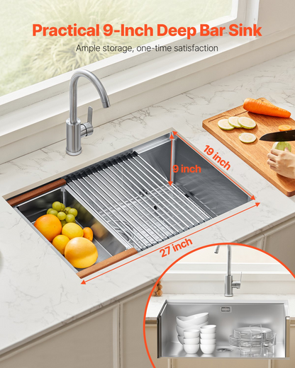 Premium 27" Stainless Steel Undermount Kitchen Sink - Soundproof & Anti-Condensation, Includes Strainer, Bottom Grid, and Cutting Board