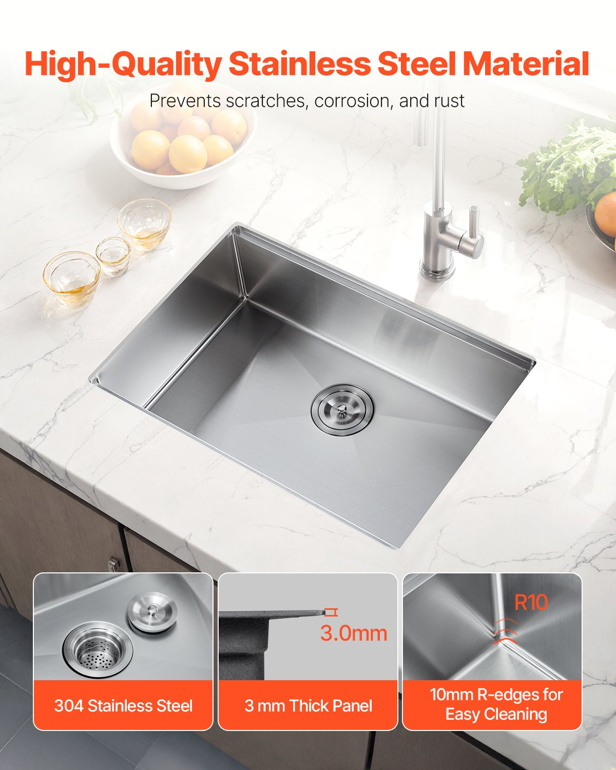 Premium 27" Stainless Steel Undermount Kitchen Sink - Soundproof & Anti-Condensation, Includes Strainer, Bottom Grid, and Cutting Board