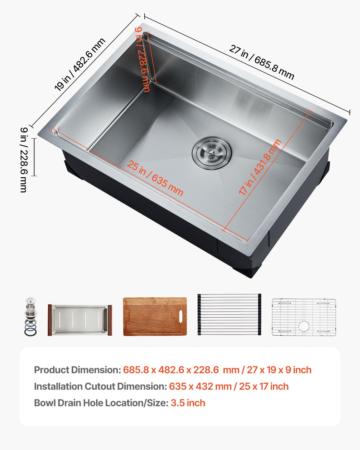 Premium 27" Stainless Steel Undermount Kitchen Sink - Soundproof & Anti-Condensation, Includes Strainer, Bottom Grid, and Cutting Board