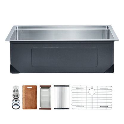 Premium 27" Stainless Steel Undermount Kitchen Sink - Soundproof & Anti-Condensation, Includes Strainer, Bottom Grid, and Cutting Board