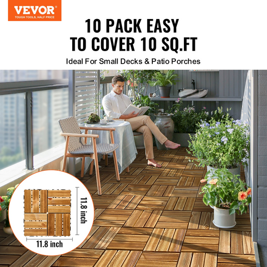 VEVOR Interlocking Deck Tiles 12x12 Camphor Pine – 10 Pack | Stylish, Durable & Easy DIY Patio Flooring for Porches, Patios, Balconies & More