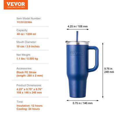 40 oz Insulated Stainless Steel Water Bottle - Blue, Handheld, Dual Temperature Use, One-Touch Open & Close, FDA Certified | Keep Your Beverages Hot or Cold All Day