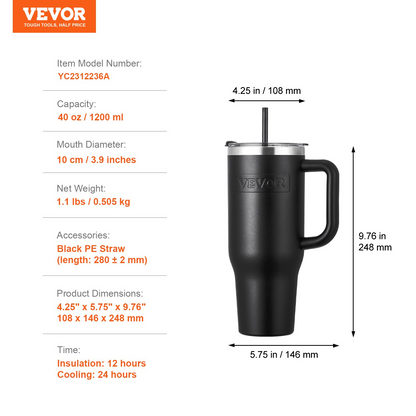 40 oz Insulated Stainless Steel Water Bottle & Coffee Cup – Black | Dual Temperature, One-Touch Open, User-Friendly Design for Hot and Cold Drinks