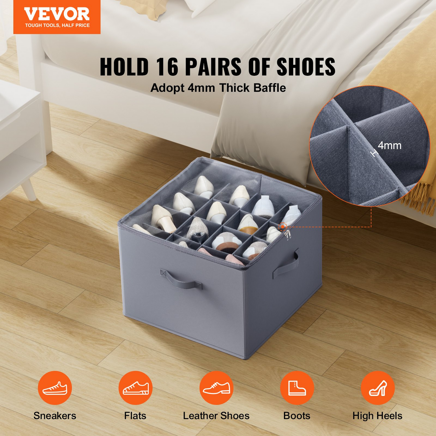 Shoe Organizer for Closet - Fits 16 Pairs - Large Shoe Box Storage Containers with Adjustable Dividers and Clear PVC Cover