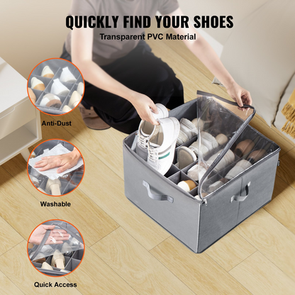 Shoe Organizer for Closet - Fits 16 Pairs - Large Shoe Box Storage Containers with Adjustable Dividers and Clear PVC Cover