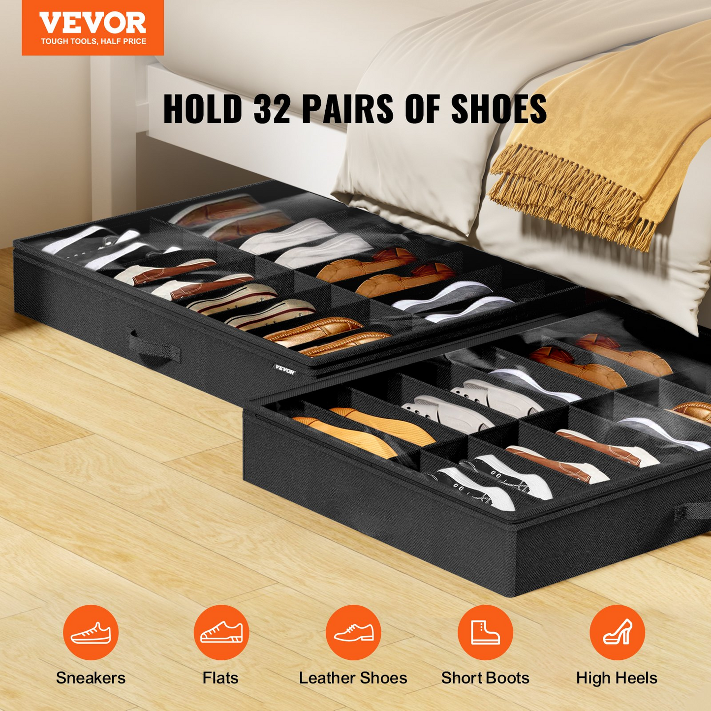 Under Bed Shoe Storage Organizer Set of 2 – Fits 32 Pairs, Large Breathable Containers with Reinforced Handles